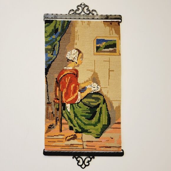Vintage Handmade Art Tapestry Needlepoint Gobelin With Metal Ornament